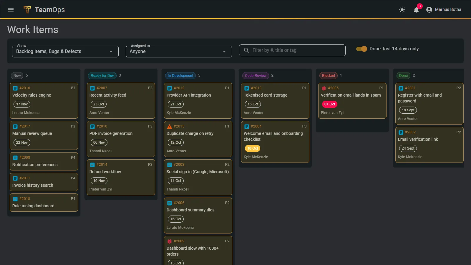 The built-in tracker board with one column per state