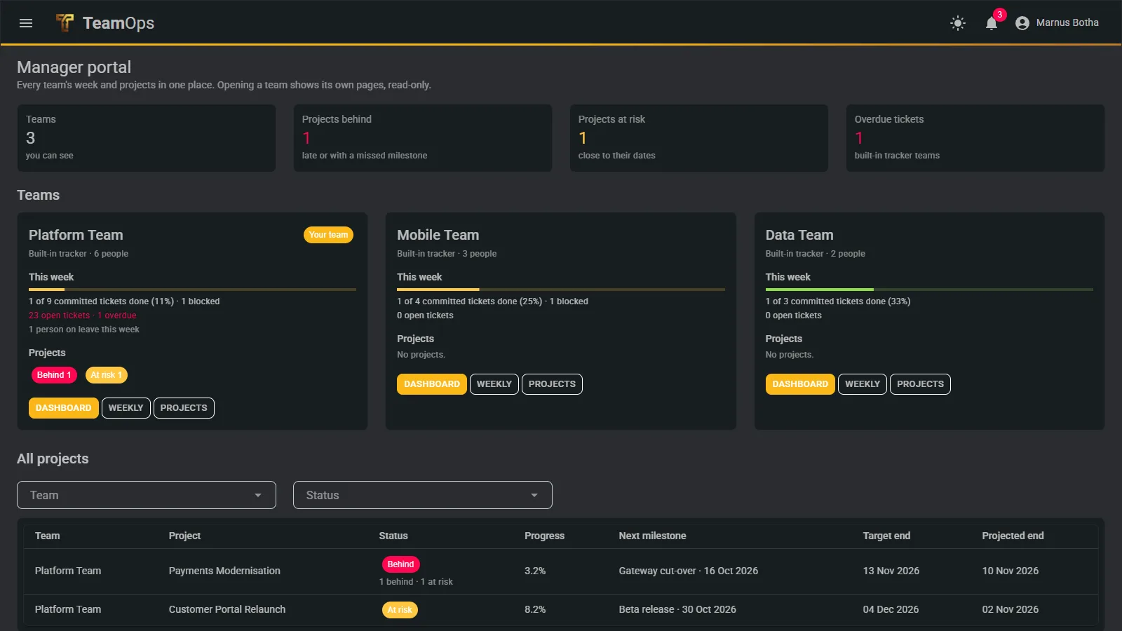 The manager portal showing every team of an organisation, read-only
